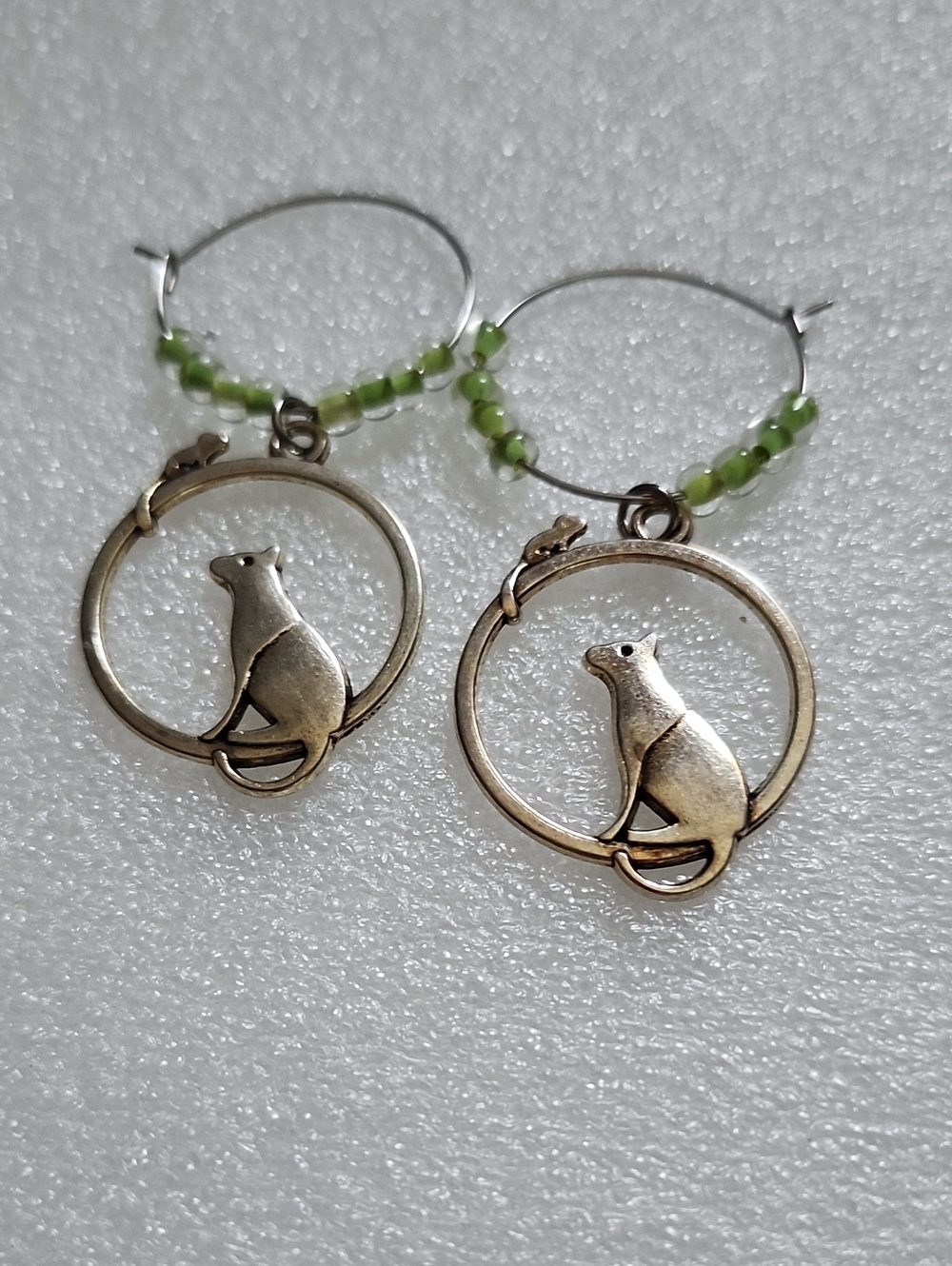 Hand Crafted Cat Charm Hoop Earrings with Green Beads